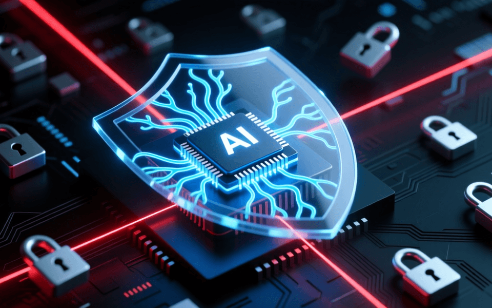 深色背景中发光的 AI 神经网络芯片被防护盾包围,周围有红色警报光线和锁形图标,象征 AI 网络安全事件