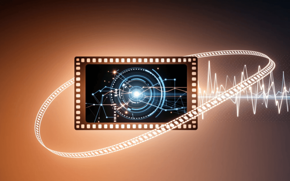暖橙色科技背景中,电影胶片与视频剪辑时间线元素交织,展示 AI 视频创作主题