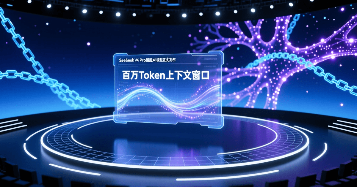 深蓝色科技背景中展示DeepSeek V4 Pro百万Token上下文窗口的数据流可视化