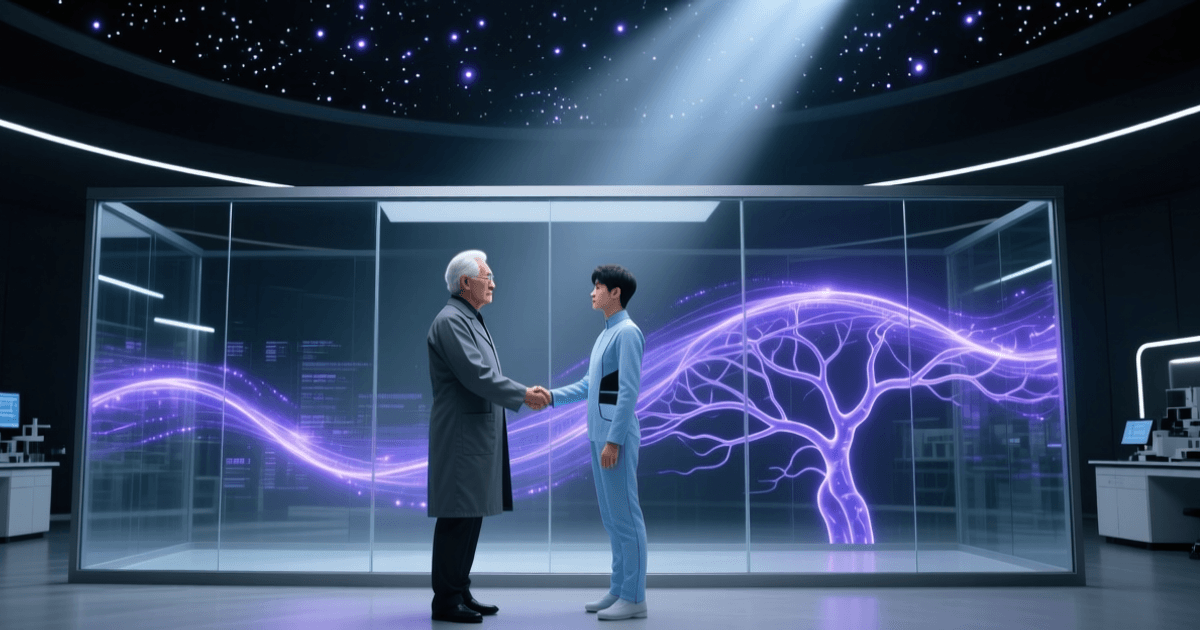 两位科学家剪影在神经网络数据流背景前进行领导权交接的抽象场景,象征AI研究机构管理层更替