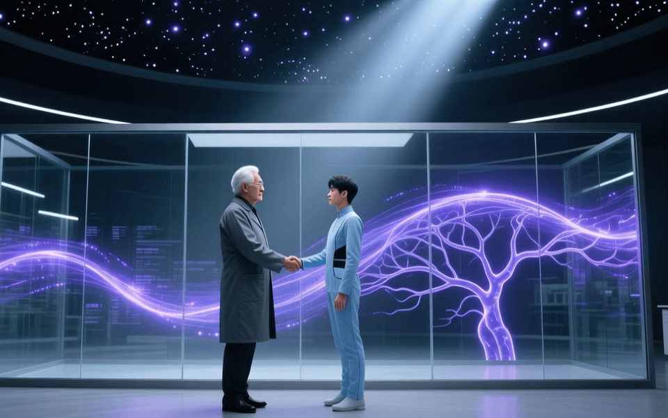 两位科学家剪影在神经网络数据流背景前进行领导权交接的抽象场景,象征AI研究机构管理层更替