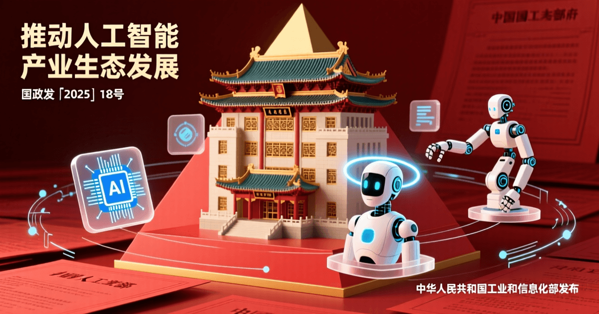 中国工信部大楼与AI芯片、智能体、机器人图标融合,红色政策文件背景
