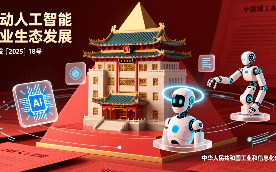 中国工信部大楼与AI芯片、智能体、机器人图标融合,红色政策文件背景