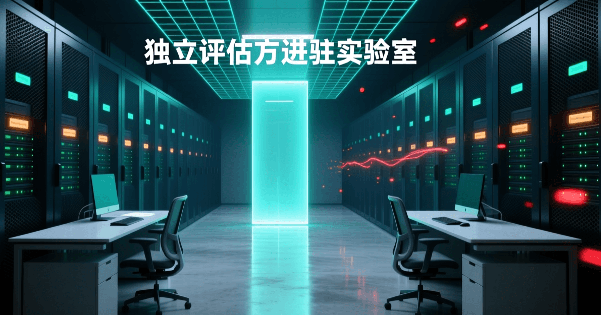 深蓝青绿色调的 AI 实验室内部:中央一道发光的青色垂直光门,两侧为成排深色网孔机柜与指示灯,前景左右各有一组空置工作台与座椅,顶部有中文标题「独立评估方进驻实验室」