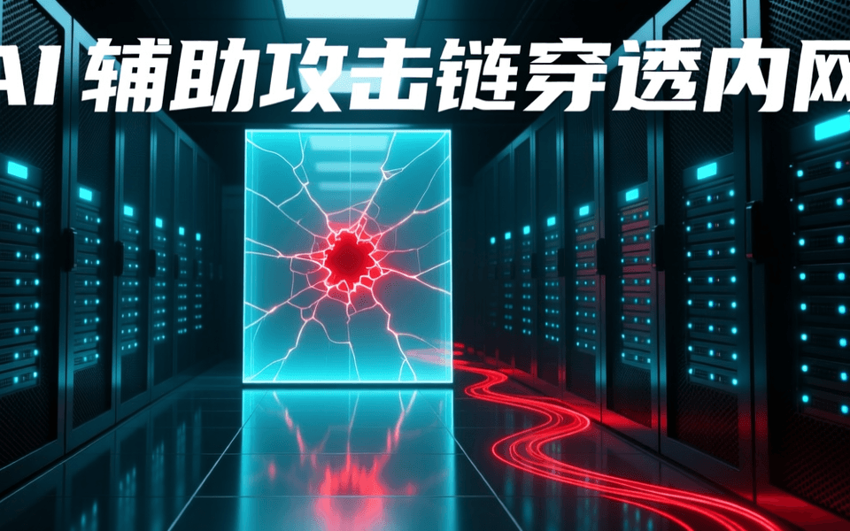 深色数据中心机房走廊,两侧为密布青蓝色指示灯的网孔机柜,通道中央一道半透明发光幕墙出现放射状裂纹并透出红光,抛光地面有倒影与红色数据流光线,画面上方为中文标题:AI 辅助攻击链穿透内网