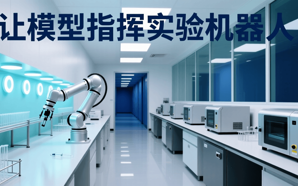 现代化生物实验室内部全景,一排白色自动化实验设备与机械臂沿工作台排列,中央一台机械臂正悬停在微量孔板上方,冷白与青色照明,背景为整面玻璃隔断与深蓝色调走廊