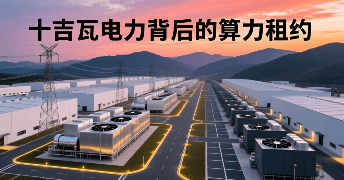 黄昏时分大型数据中心园区航拍,成排白色厂房与冷却塔、旁边排列的燃气发电机组与输电铁塔,远处山脊轮廓