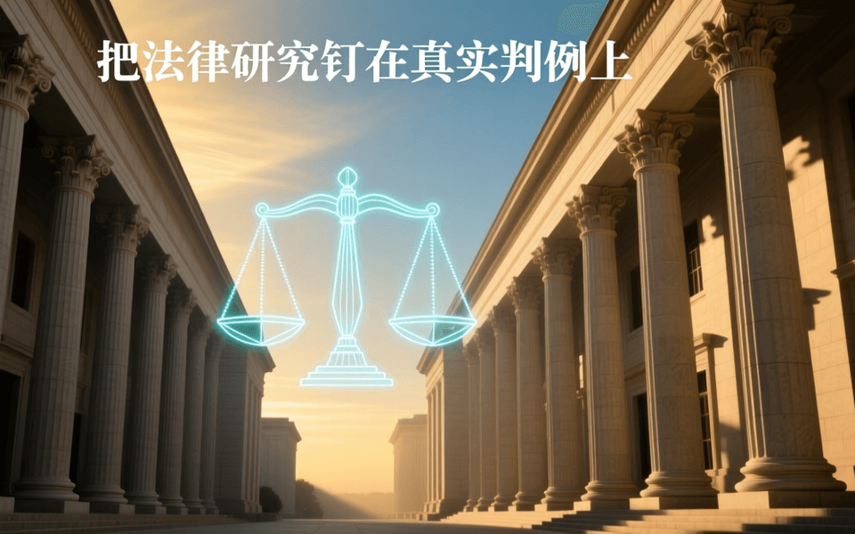 仰视视角的法院建筑外观,大理石立柱整齐排列,晨光中画面中央悬浮由光线构成的透明天平轮廓