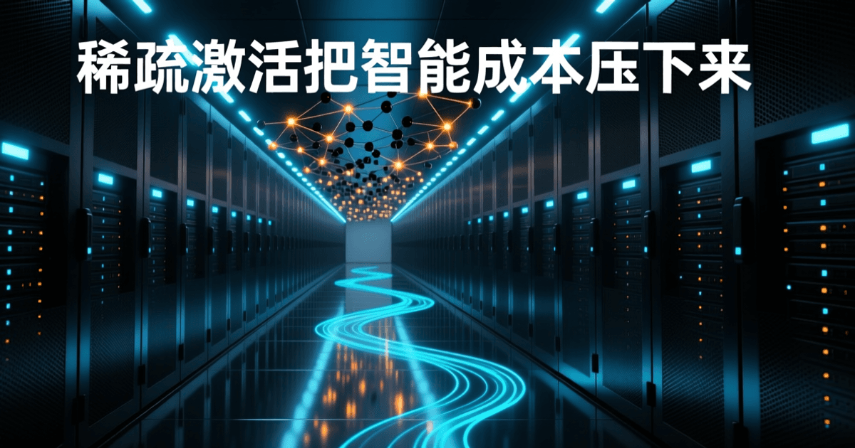 深色数据中心机柜走廊纵深延伸,中央悬浮大量暗色节点中仅有少量亮起的稀疏专家网络,地面有蓝色与青色数据流光线