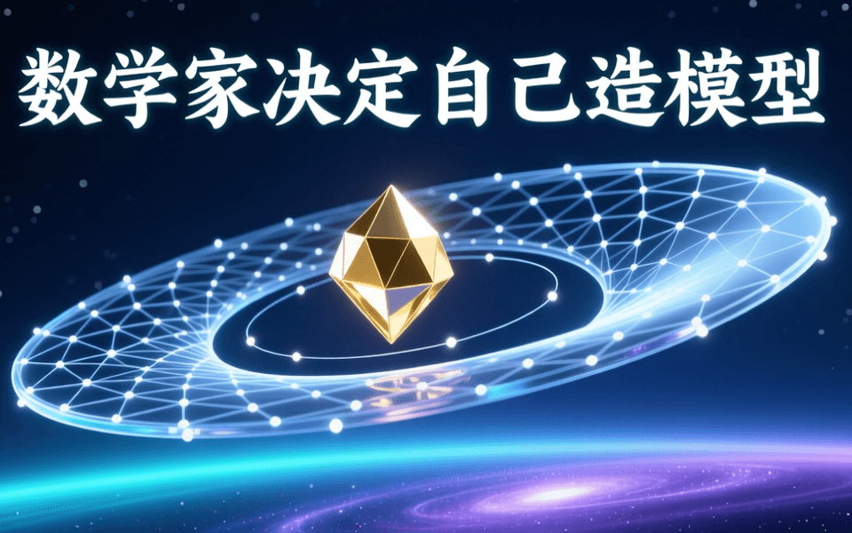 深蓝色背景中浮现的三维数学曲面与网格拓扑结构,中央悬浮金色多面体晶体,细密光点连线构成网络