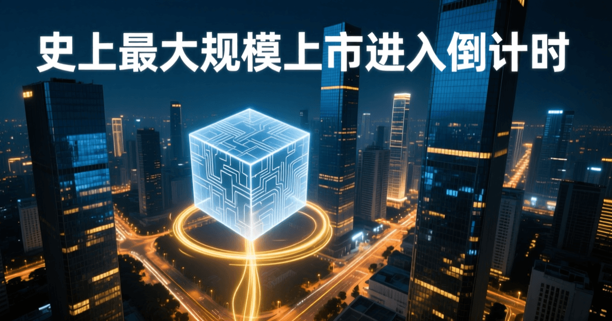 夜晚城市金融区高层建筑群俯瞰,玻璃幕墙反射蓝色与暖金色灯光,中央悬浮半透明发光立方体,地面有上升的金色数据光带