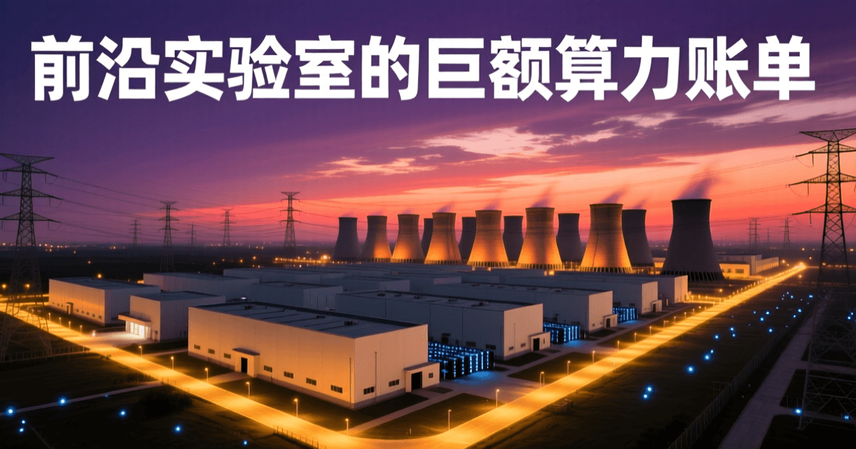 黄昏时分大型 AI 数据中心园区俯瞰视角,成排白色厂房与冷却塔向远处延伸,上方纵横交错的输电铁塔与高压线映在紫橙渐变天空下