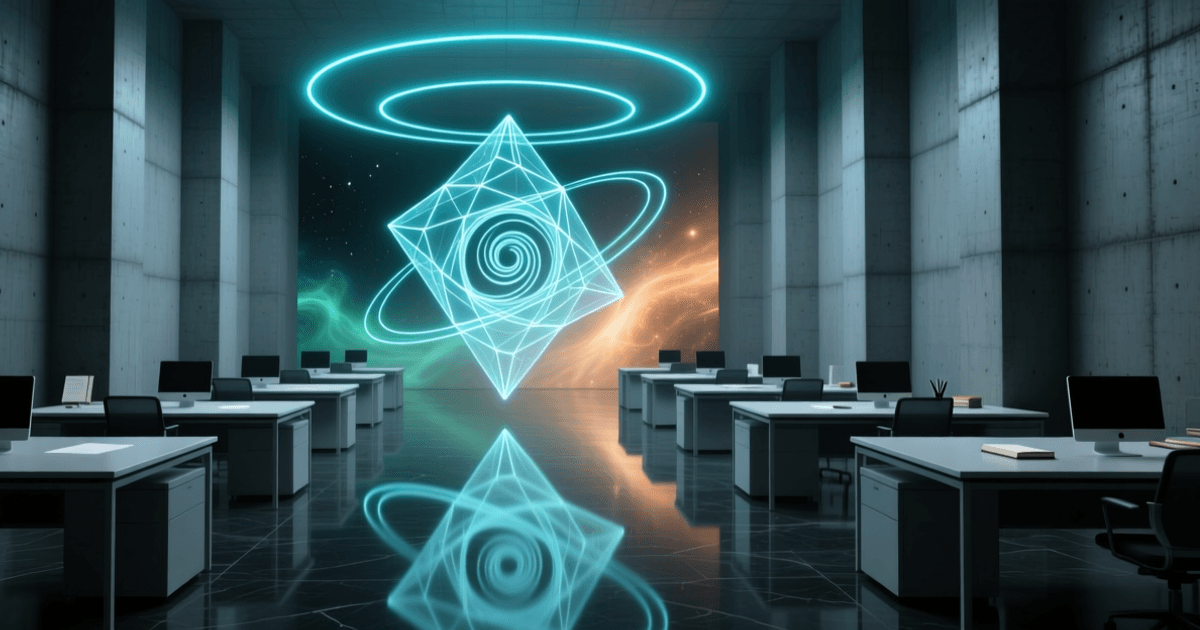 数学研究空间的纵深场景:画面中央悬浮由发光线条构成的三维几何曲面与多面体晶格,外围环绕青蓝色同心光环,两侧为成排空置的办公桌,抛光地面映出清晰倒影