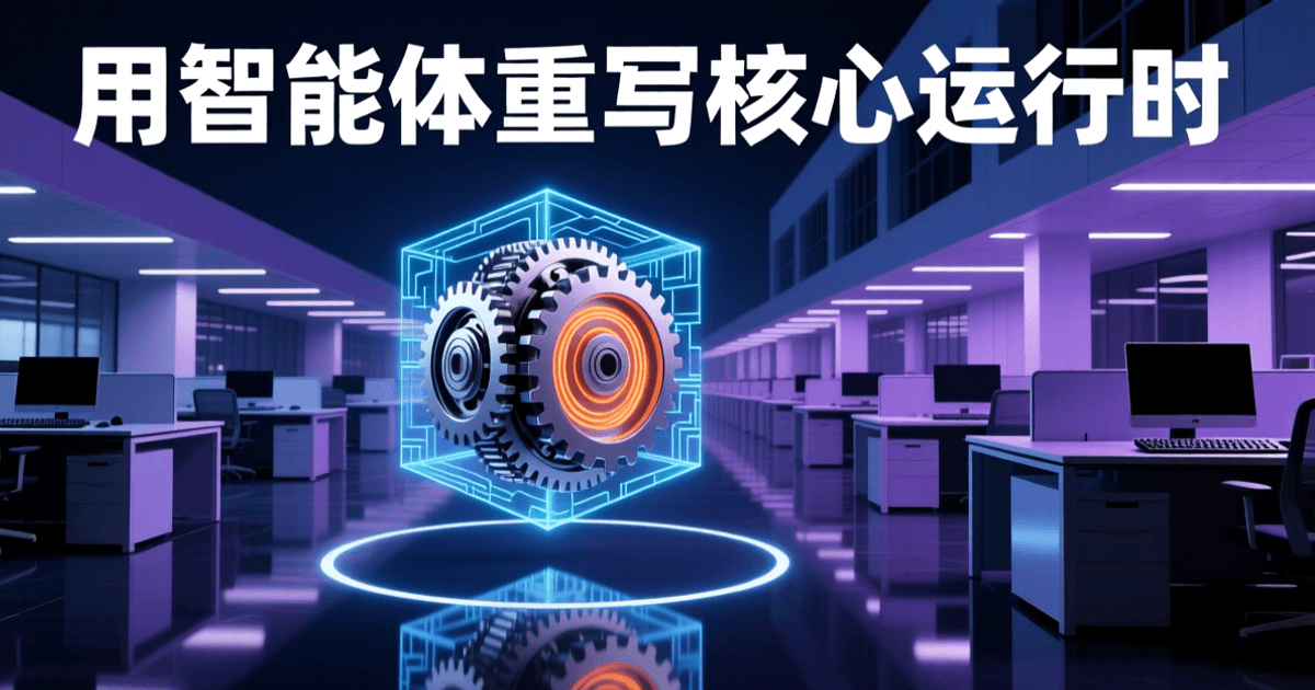 夜间现代软件研发中心,成排开放式工位沿纵深延伸,中央悬浮由金属齿轮与传动轴组成的立方体机械核心,内部流动橙色能量线