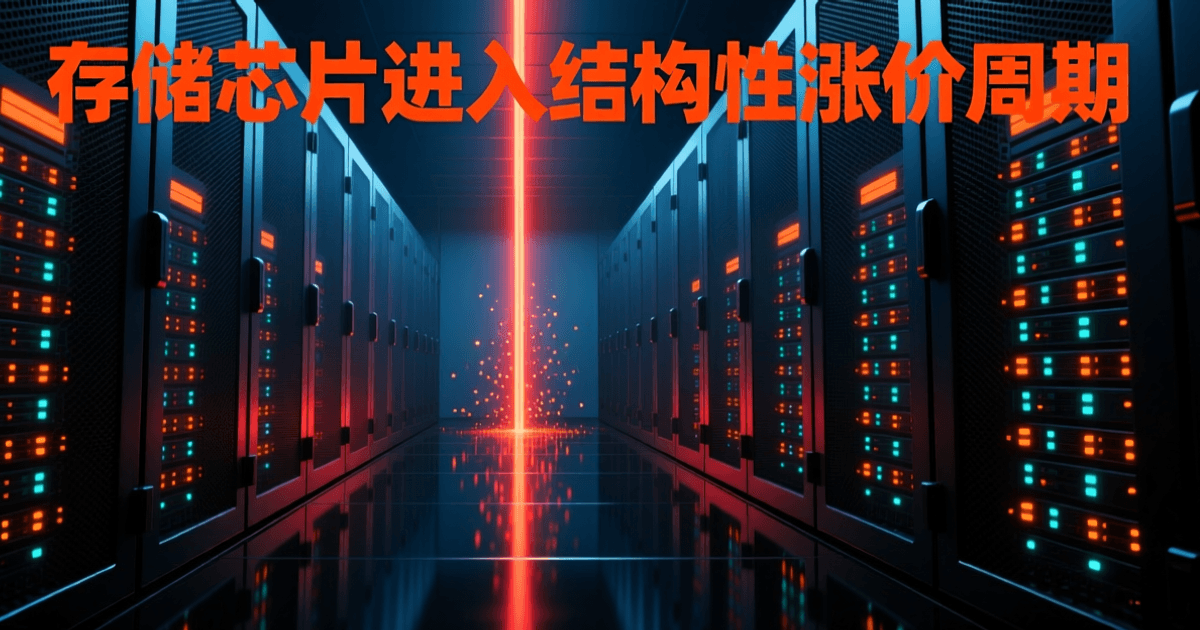 深色服务器机架通道两侧机柜为致密金属网孔面板,内部透出暖橙与青色指示灯阵列,通道尽头一束橙红色光束垂直落下