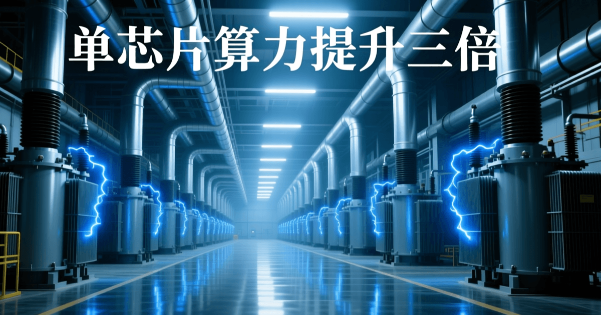 地下变电站内部成排高压变压器与母线管道向纵深延伸,蓝色弧光与金属地面反光,顶部居中排布中文大标题 单芯片算力提升三倍