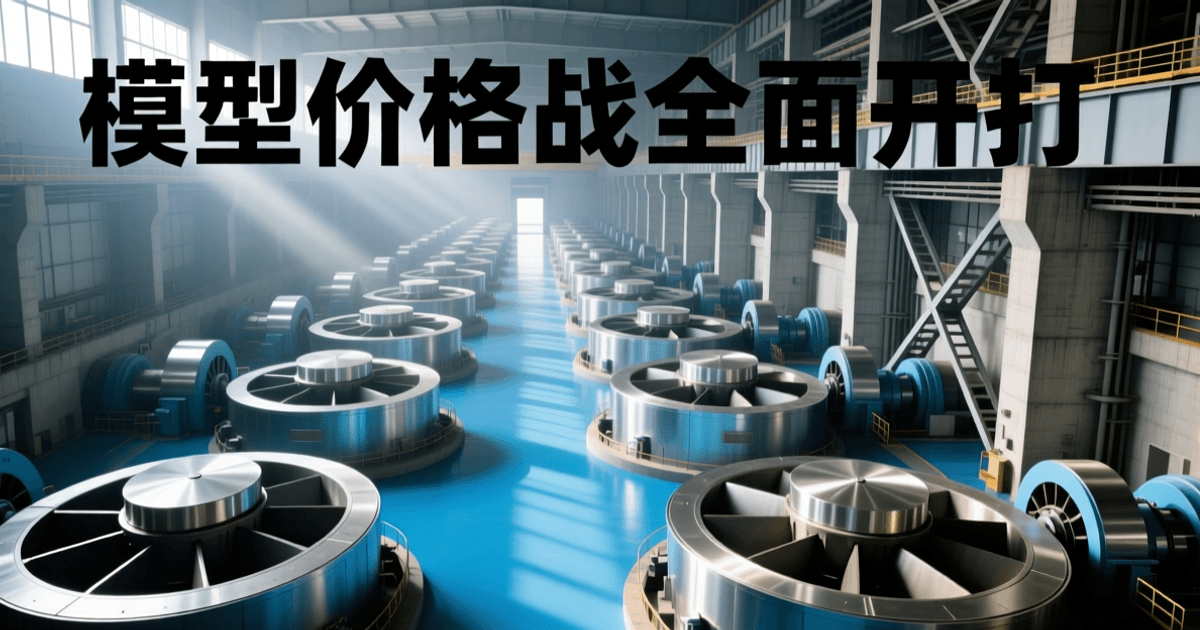 水电站厂房内部成排巨型水轮发电机组向纵深排列,蓝色地面反光与顶部天窗自然光,顶部居中排布中文大标题 模型价格战全面开打