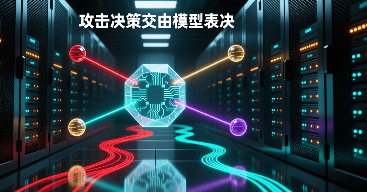 昏暗的数据中心冷通道,两侧成排深色网孔机柜向纵深延伸,中央悬浮着一个半透明多边形发光决策核心,四道不同颜色的光束从四周四个光球汇聚射向核心,地面为抛光金属反光并有红色与青色数据流光线,顶部居中一行中文字:攻击决策交由模型表决