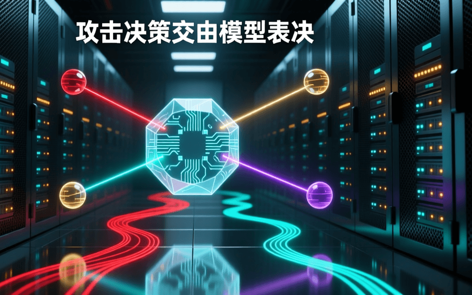 昏暗的数据中心冷通道,两侧成排深色网孔机柜向纵深延伸,中央悬浮着一个半透明多边形发光决策核心,四道不同颜色的光束从四周四个光球汇聚射向核心,地面为抛光金属反光并有红色与青色数据流光线,顶部居中一行中文字:攻击决策交由模型表决