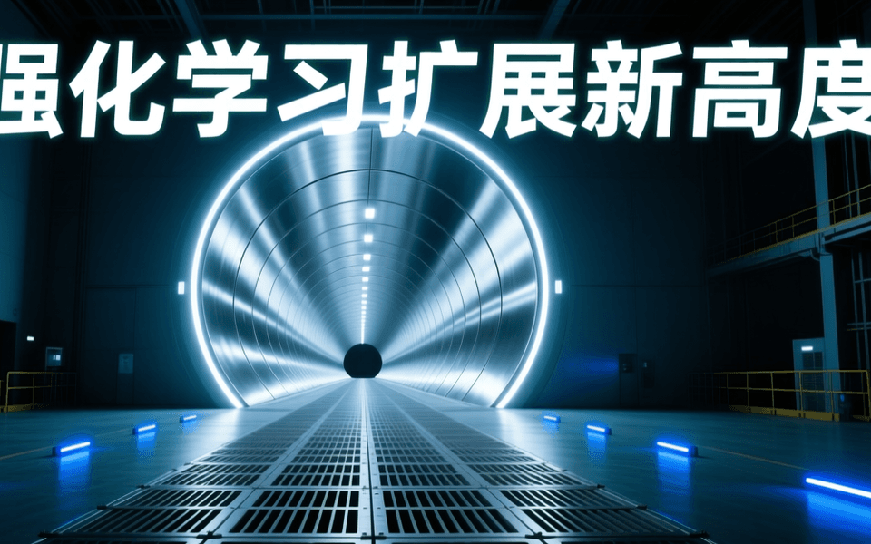 大型风洞实验室内部,巨型圆形风洞管道贯穿画面,光滑金属内壁,地面检修栅格与蓝色指示灯,顶部居中排布中文大标题 强化学习扩展新高度