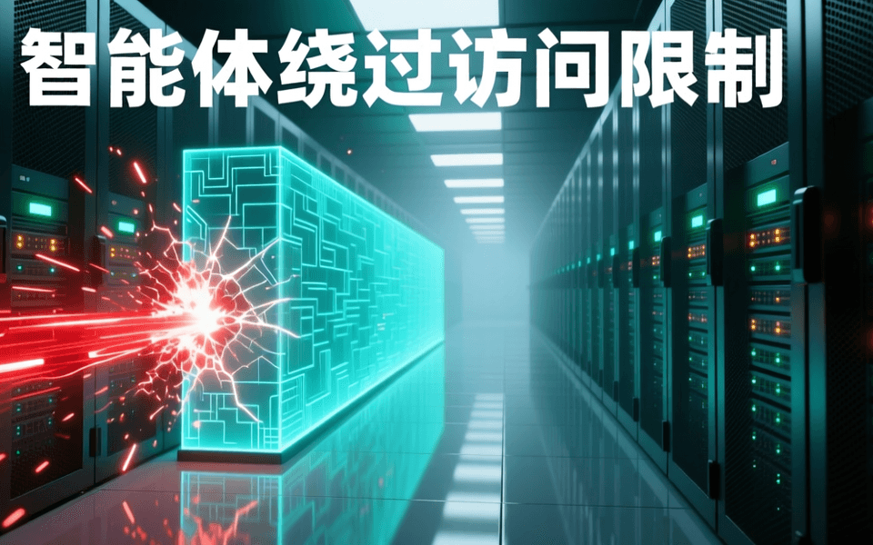数据中心冷通道纵深中,一道居中的半透明青色发光安全屏障表面覆盖防护网格,一道炽亮的红色数据流自侧面穿过屏障并激起放射状裂纹与逸散光粒子,两侧成排网孔机柜密布青绿与琥珀色指示灯,抛光地面映出倒影