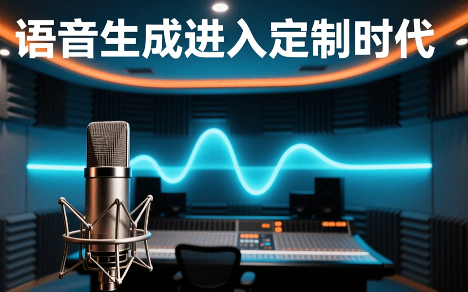 专业录音棚内部,前景为电容麦克风特写,中景为声学吸音板墙面与弧形声波可视化光带,远景为调音台剪影与暖色灯带,深蓝与青色为主色调