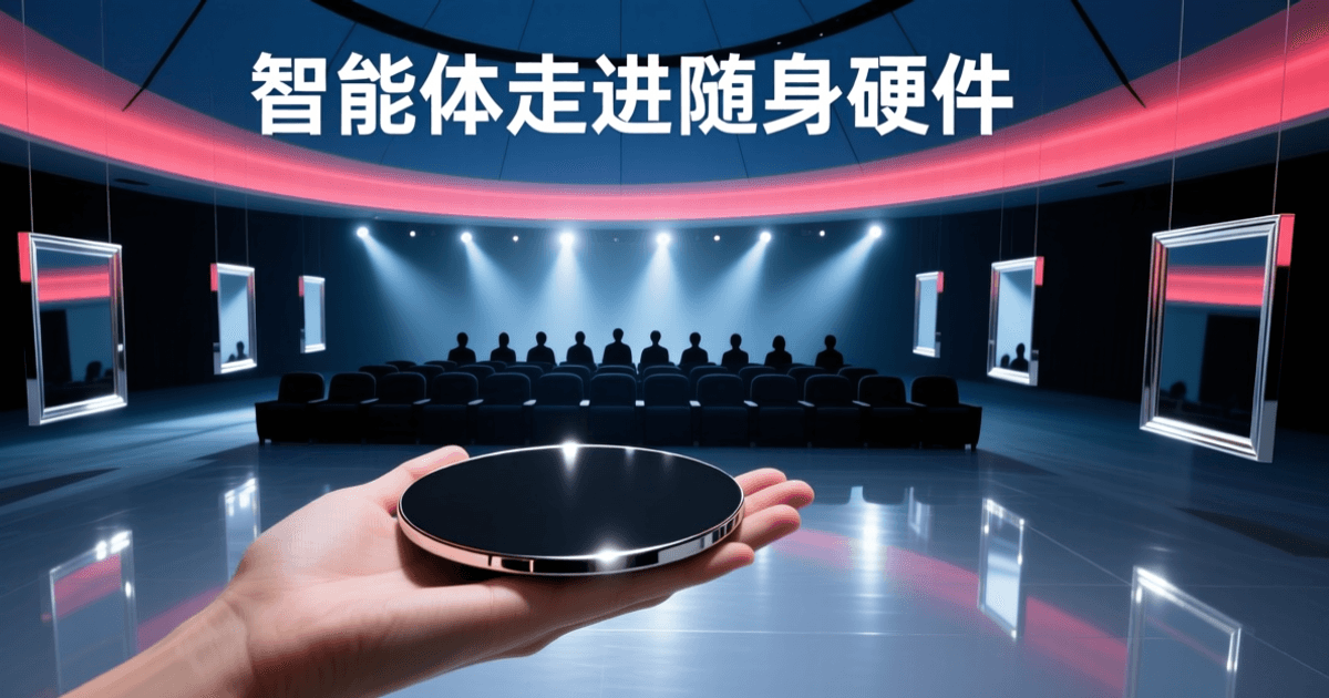 深色发布会现场俯瞰视角,前景一只手托着掌心大小的圆形随身智能设备,中景为舞台聚光灯下的人群剪影,远景是展厅穹顶的弧形光带与反光地面
