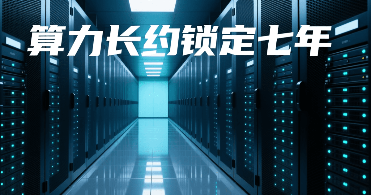 数据中心内成排通用计算服务器机柜构成的冷通道纵深,柜门为深色网孔面板,整齐的青色指示灯亮起,抛光地面反射灯光,顶部居中有一行关于算力长约的中文标题