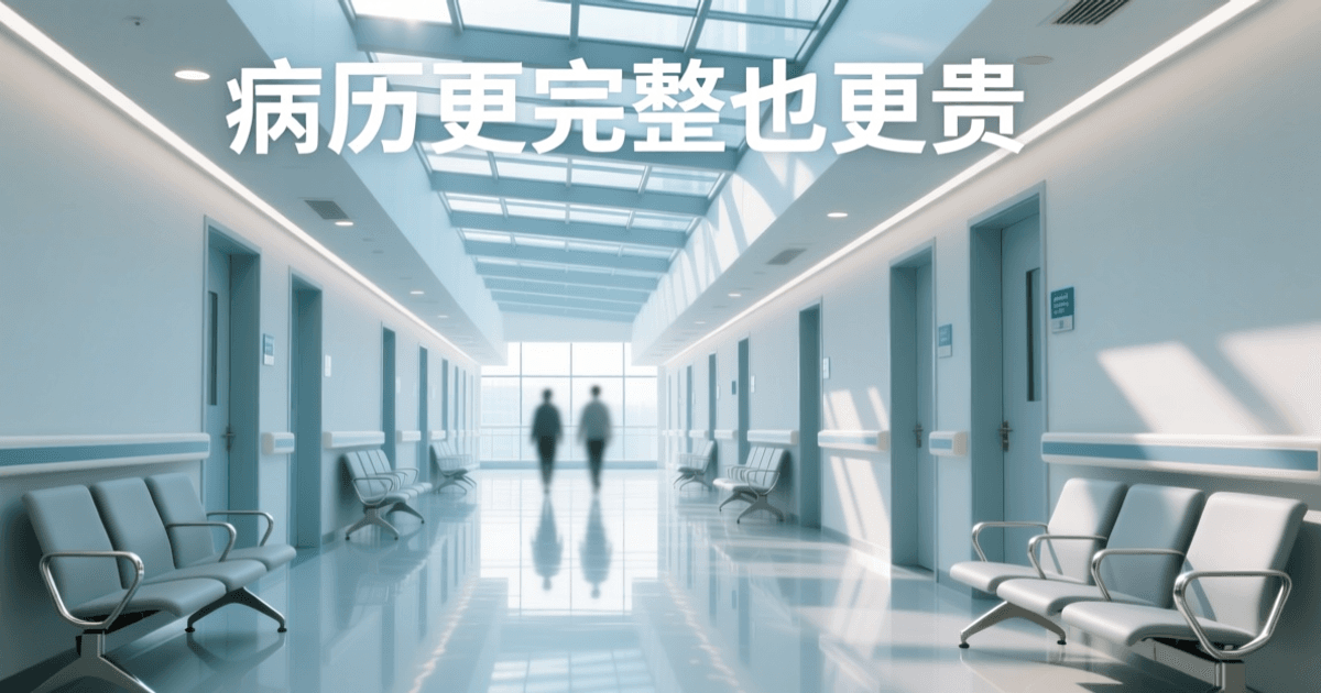 现代化医院内部走廊的长焦纵深画面,洁白墙面、成排病房门洞、顶部连续灯带与抛光地面倒影,中景有一位虚化身影走过,冷白与浅蓝主色调,画面干净,顶部居中有一行中文字标题