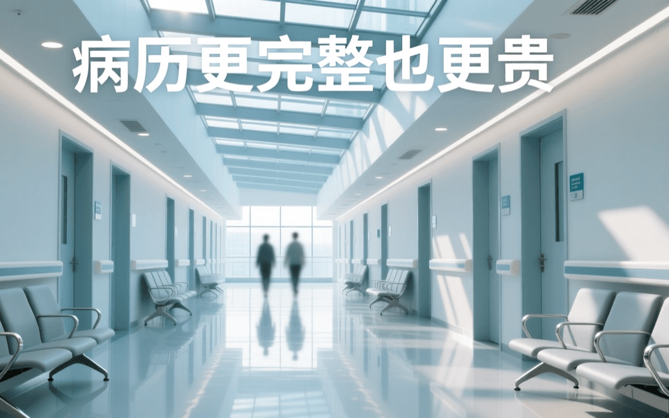 现代化医院内部走廊的长焦纵深画面,洁白墙面、成排病房门洞、顶部连续灯带与抛光地面倒影,中景有一位虚化身影走过,冷白与浅蓝主色调,画面干净,顶部居中有一行中文字标题