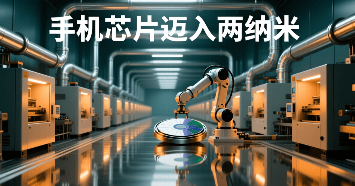半导体洁净室黄光区纵深画面,成排光刻设备与管道延伸,中景机械臂搬运表面光滑无标识的晶圆载具,前景金属地面反光,琥珀色与深青色对比,顶部居中有一行中文字标题