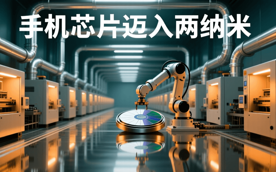 半导体洁净室黄光区纵深画面,成排光刻设备与管道延伸,中景机械臂搬运表面光滑无标识的晶圆载具,前景金属地面反光,琥珀色与深青色对比,顶部居中有一行中文字标题
