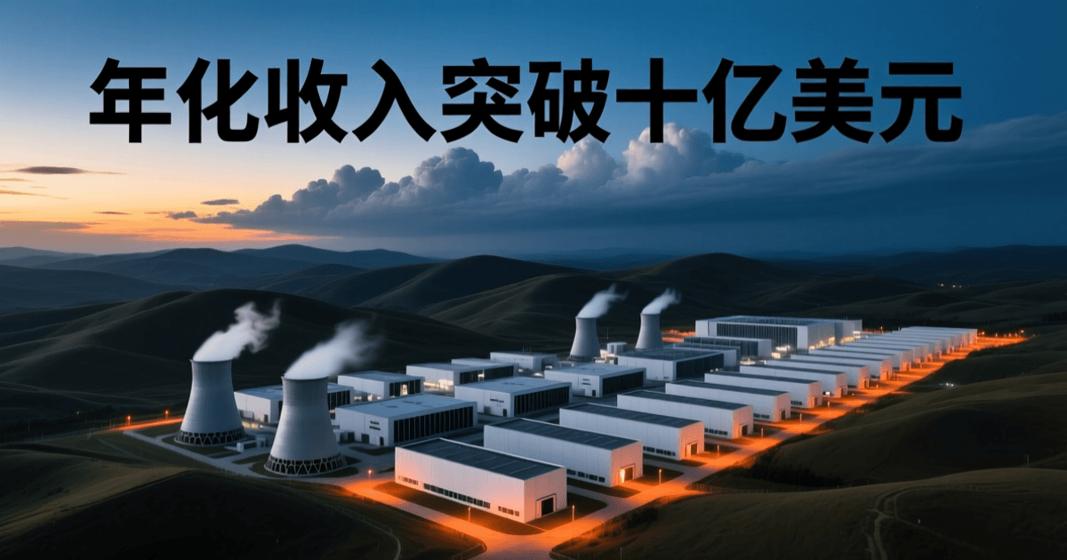 黄昏时分的数据中心园区航拍,成排低矮白色机房建筑与银灰色冷却塔在丘陵间纵深展开,塔顶排出淡白水汽,远处为层叠丘陵与积云,深蓝夜空与暖橙色照明形成对比,顶部居中有一行中文字标题