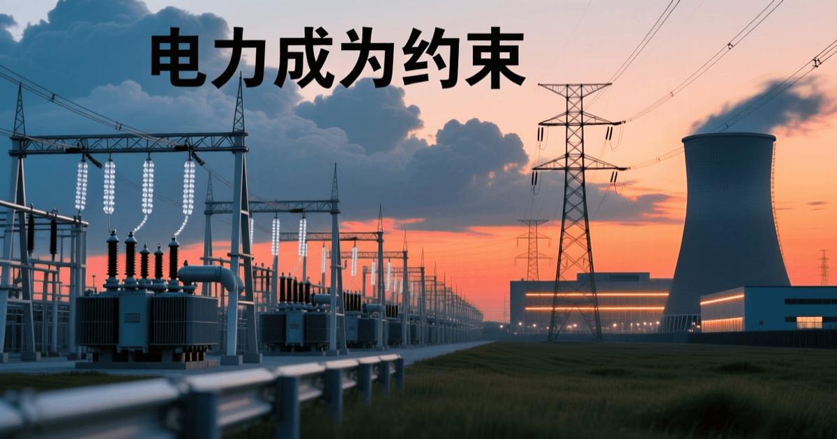 黄昏时分的超高压变电站,成排变压器与母线构架向纵深延伸,输电线与铁塔剪影,远处数据中心厂房暖色灯带