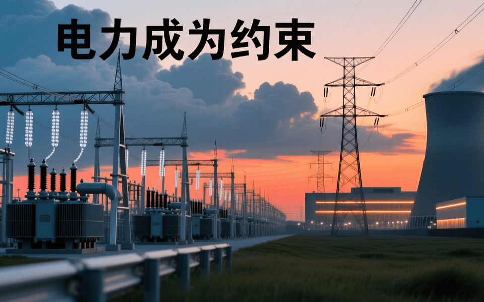 黄昏时分的超高压变电站,成排变压器与母线构架向纵深延伸,输电线与铁塔剪影,远处数据中心厂房暖色灯带