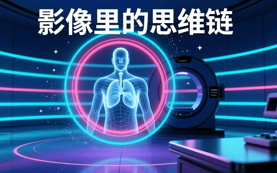 深蓝色调放射影像中心,中央悬浮半透明三维人体胸腔体数据全息影像,环绕多层同心扫描光带与粒子