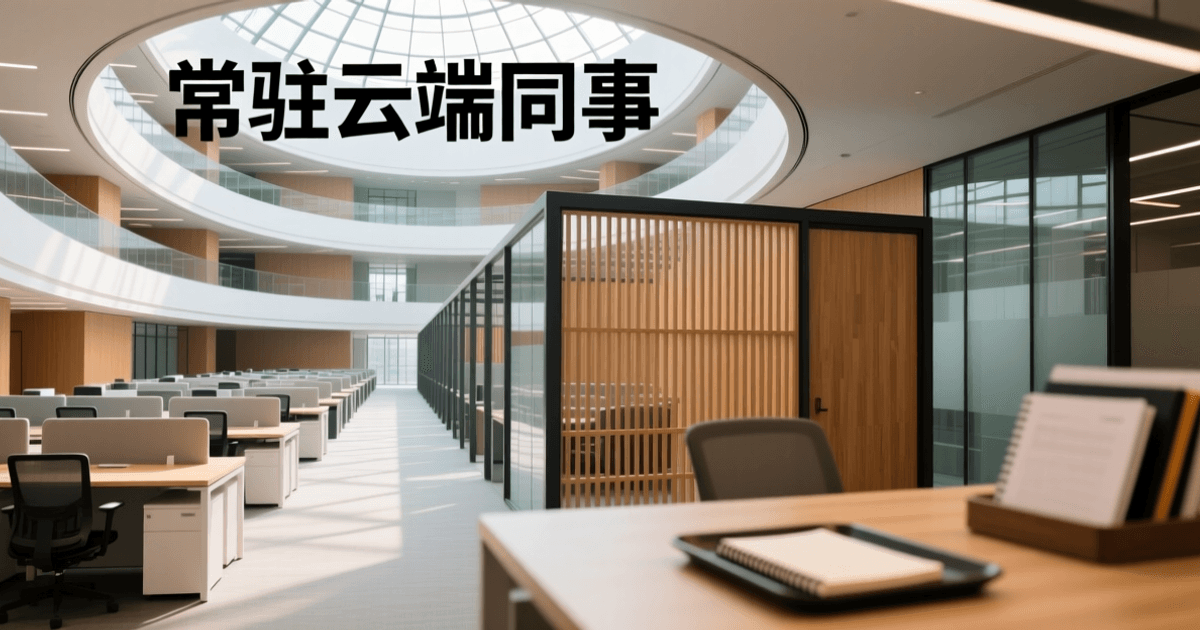 现代化开放办公空间广角俯瞰,成排工位与座椅形成透视引导线,中景玻璃隔断与木质格栅,远处明亮采光中庭