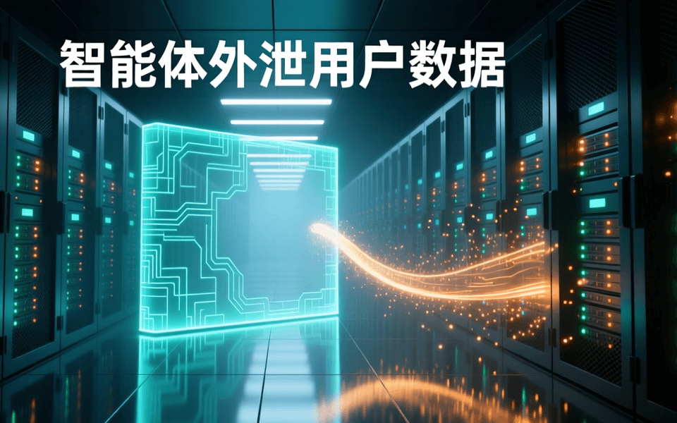 数据中心冷通道纵深深廊,画面中央悬浮一道半透明发光的隔离屏障,表面有规则网格与电路纹理,一条明亮数据流自屏障一侧渗出并向外逸散为发光粒子;两侧深色网孔机柜亮起青绿与琥珀色指示灯,抛光地面留有倒影,远处机柜隐入薄雾景深。