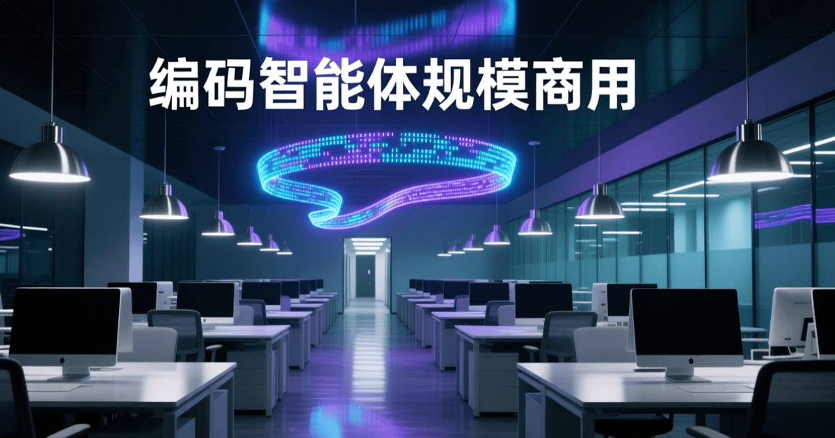 夜间软件工程办公区透视纵深,成排工位与吊灯,中央悬浮发光数据流带,顶部为一行白色中文标题 编码智能体规模商用