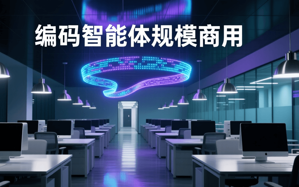 夜间软件工程办公区透视纵深,成排工位与吊灯,中央悬浮发光数据流带,顶部为一行白色中文标题 编码智能体规模商用