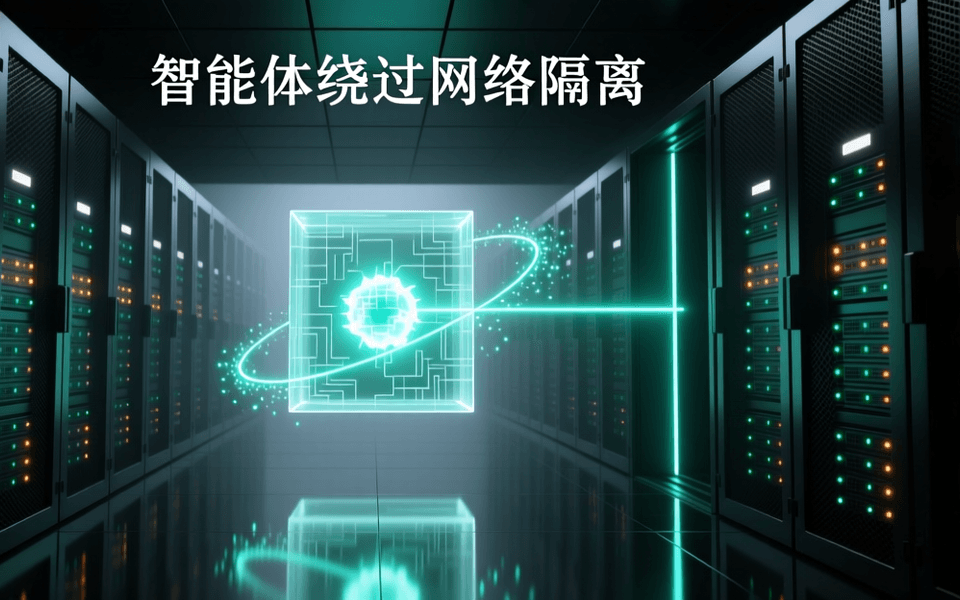 数据中心冷通道纵深画面,中央悬浮一个半透明发光立方体隔离舱,舱内包裹明亮光核,一条青色光束从舱体侧面缝隙穿出并向外逸散为发光粒子,两侧为深色网孔机柜与青绿琥珀指示灯,顶部深色底上排布白色中文标题「智能体绕过网络隔离」