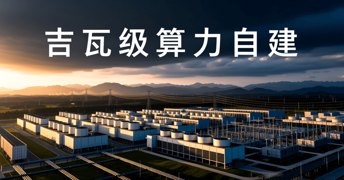 黄昏时分的数据中心园区航拍,成排白色冷却塔与变电站、沿地平线延伸的输电铁塔,顶部为一行白色中文标题 吉瓦级算力自建