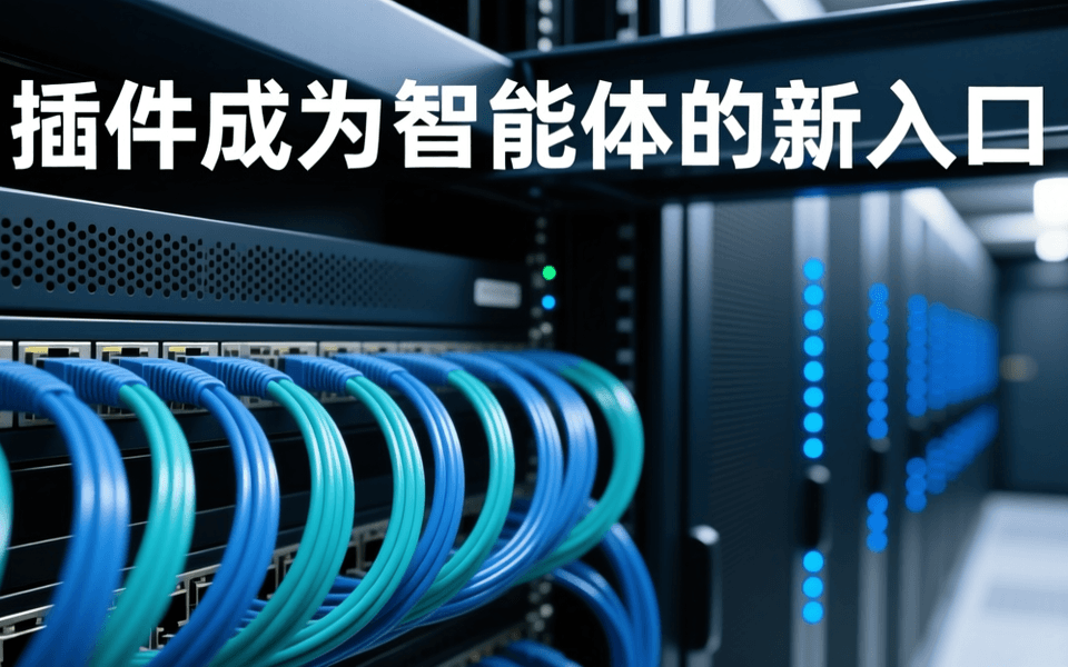 网络机房配线区微距画面:成束弯曲走线的蓝色与青色光纤跳线,中景为无标识的深色网孔配线架,远处机柜纵深与蓝色指示灯带,顶部深色桥架上居中排布白色中文标题「插件成为智能体的新入口」