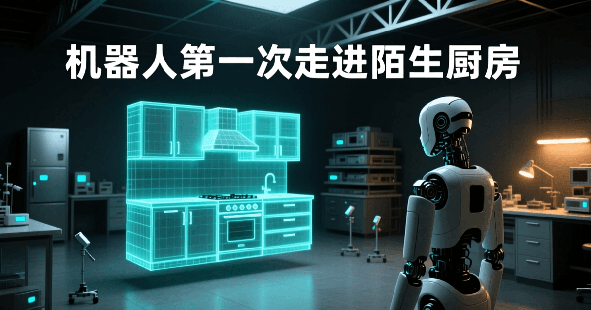 昏暗实验室画面:地面悬浮着发光的半透明厨房三维线框模型,前景是白色人形机器人侧后剪影,顶部深色天花板上居中排布白色中文标题「机器人第一次走进陌生厨房」