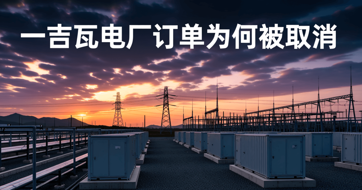 黄昏工业厂区逆光画面:前景成排未安装的集装箱式发电机组,远景输电铁塔与高压线剪影,顶部深色天空区域居中排布白色中文标题「一吉瓦电厂订单为何被取消」