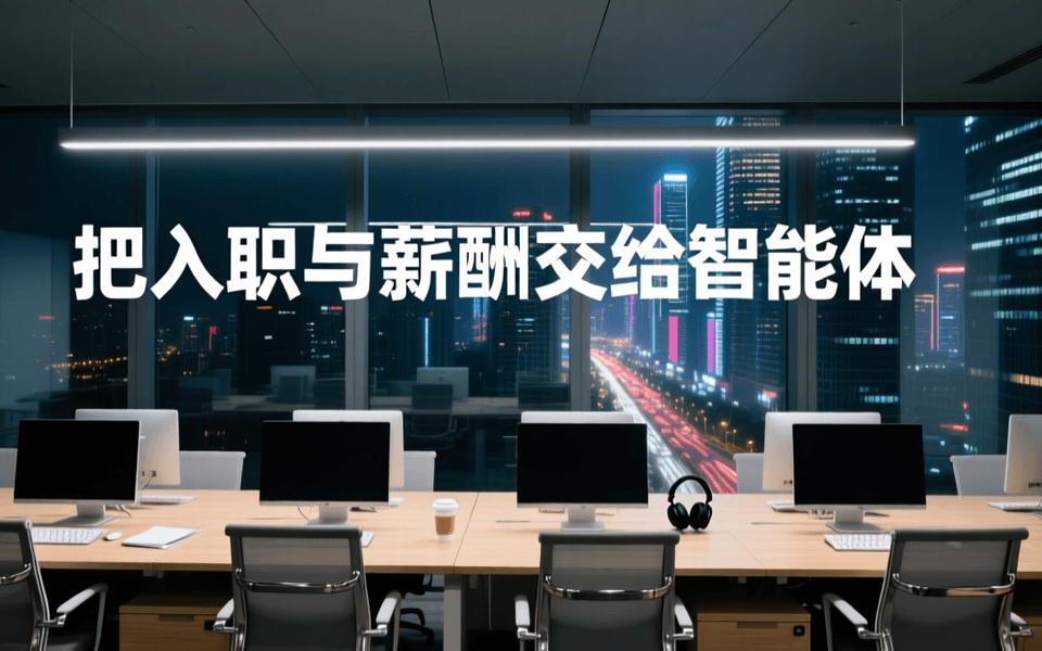 夜晚现代办公楼开放办公区俯瞰画面:前景虚化的空置办公椅椅背,中景浅木色办公桌与背对镜头的显示器,远处落地窗外城市灯火,顶部深色天花板居中排布白色中文标题「把入职与薪酬交给智能体」