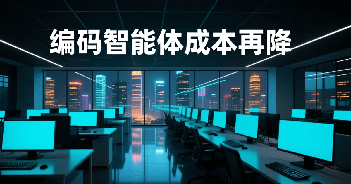 夜景下的软件研发办公区,成排工位与纵深排列的显示器背光形成透视引导线,远处是玻璃幕墙外的城市灯火,顶部深色结构上有一行白色中文标题