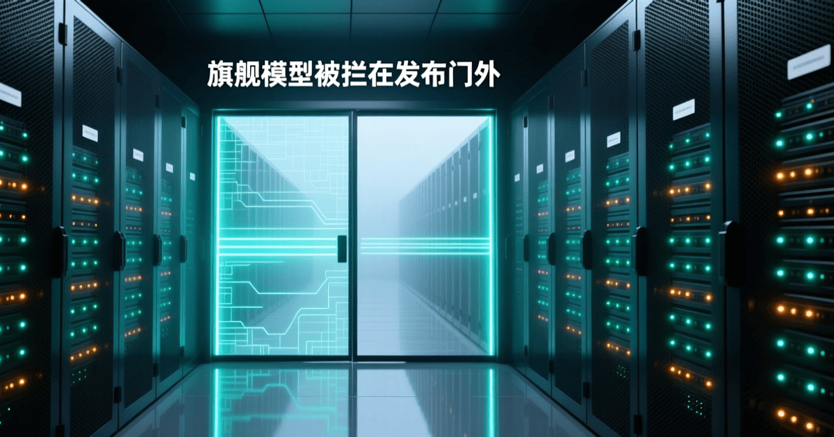 数据中心冷通道纵深画面中,一道闭合的半透明发光闸门横在通道中央,门后是层叠机柜与薄雾,地面有清晰倒影,顶部深色区域居中写着中文标题「旗舰模型被拦在发布门外」