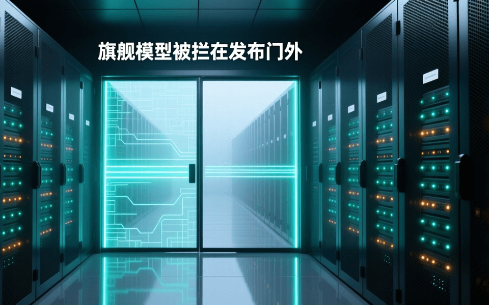 数据中心冷通道纵深画面中,一道闭合的半透明发光闸门横在通道中央,门后是层叠机柜与薄雾,地面有清晰倒影,顶部深色区域居中写着中文标题「旗舰模型被拦在发布门外」
