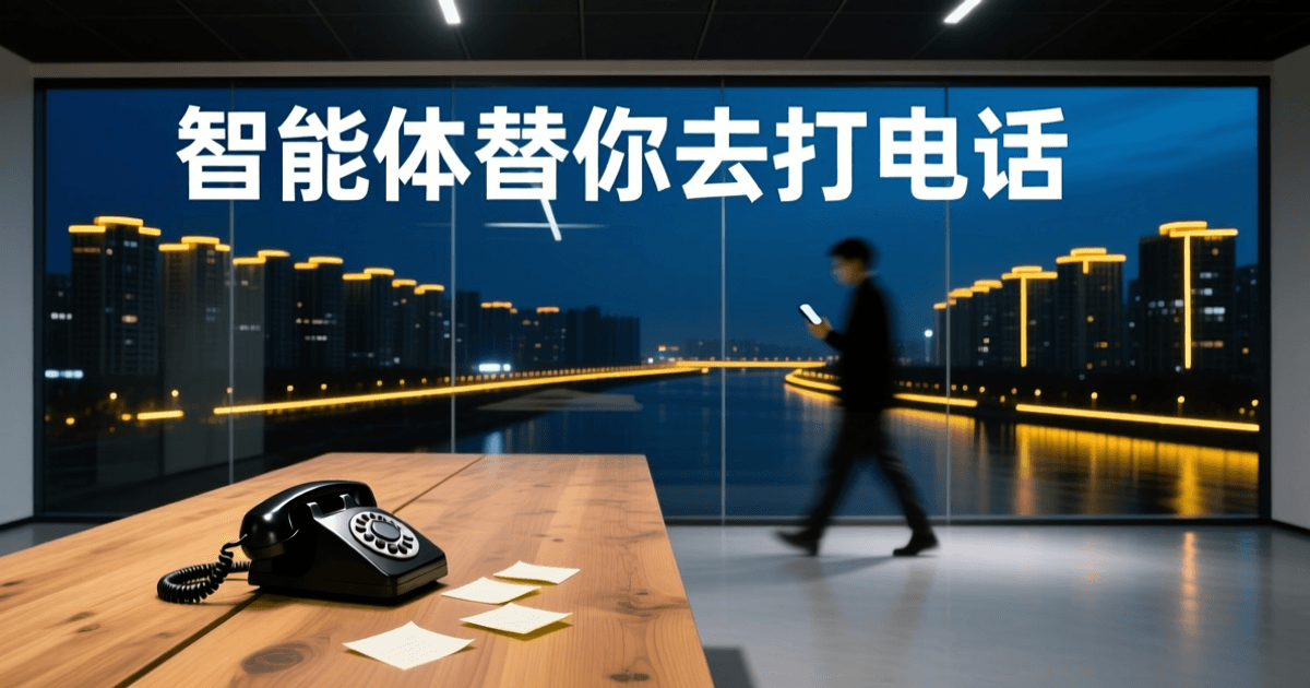 夜晚的共享办公空间,前景木质长桌上一部哑光黑金属电话机的侧面剪影与空白便签,中景有虚化身影走过玻璃隔断,远处是城市夜色与暖色灯带,顶部深色天花板上有一行白色中文标题